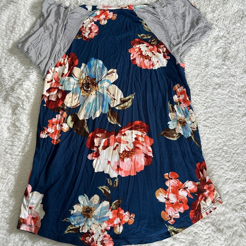 Chris & Carol Floral & Striped Raglan‎ Top Women's Large L Navy Pink Made in USA - Picture 9 of 9